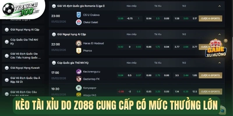 Kèo tài xỉu do Zo88 cung cấp có mức thưởng lớn