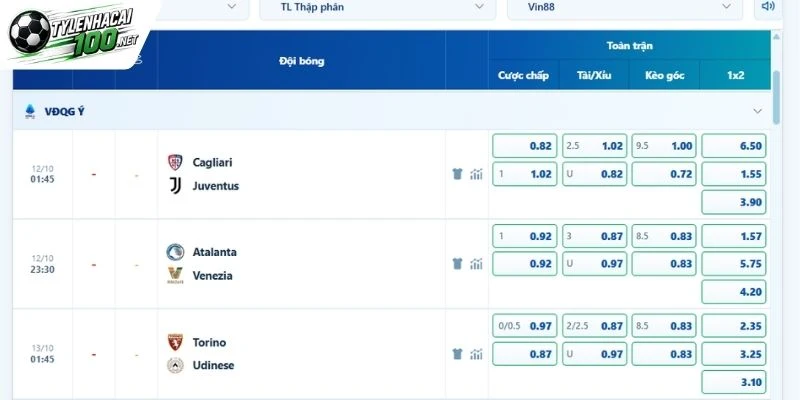 Kèo Nhà Cái Cagliari Vs Juventus - Serie A, 12/10/2026 5 Tỷ lệ kèo trong cuộc Juventus đối đầu Cagliari